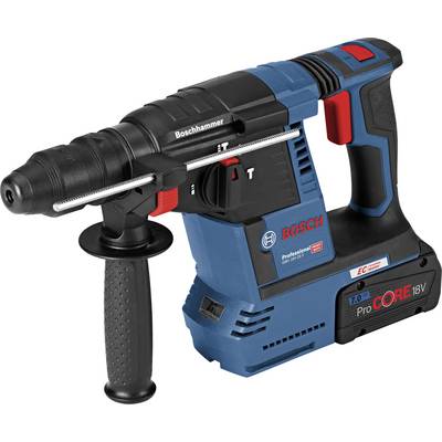 Marteau perforateur sans fil Bosch avec poignée, design bleu et noir, avec une poignée à gauche, le logo Bosch à droite, posé sur une table.