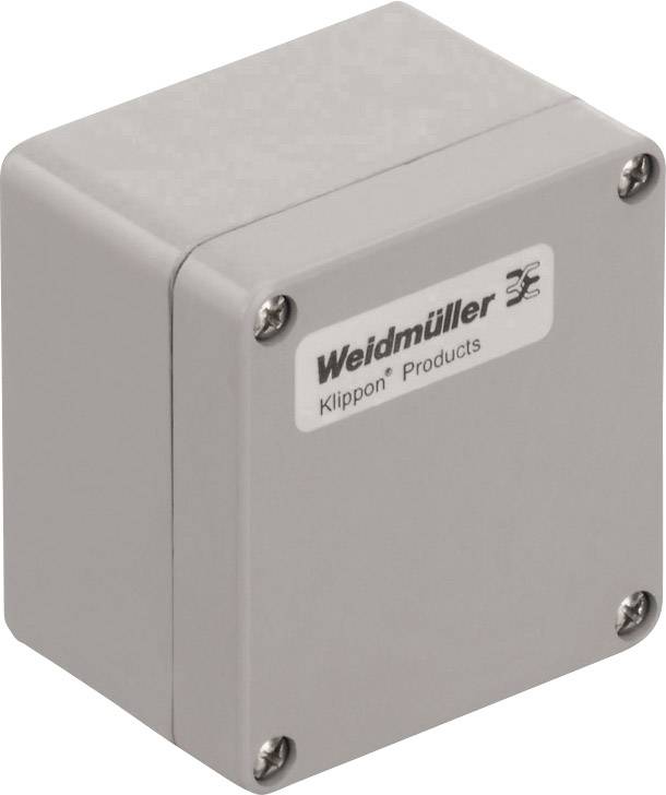 Boîtier gris rectangulaire de la marque 'Weidmüller Klippon Products' avec quatre vis, couramment utilisé dans les installations électriques.