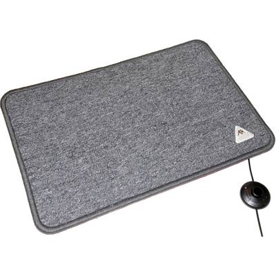 Tapis chauffant gris rectangulaire avec câble et fiche, adapté à diverses utilisations telles que le réchauffement des pieds ou comme support.