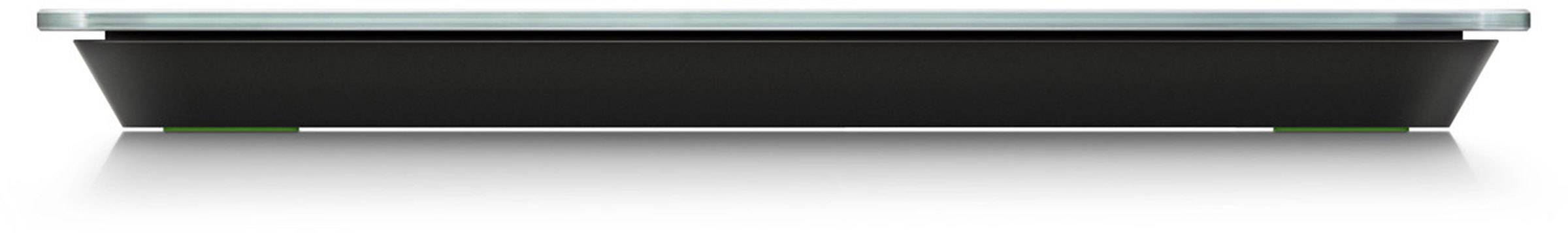 Une balance numérique pour personnes avec une surface en verre et un socle noir.