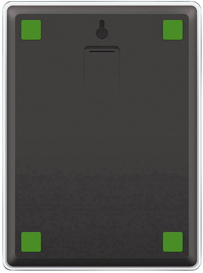 'Dos d'un appareil rectangulaire noir avec quatre coins en caoutchouc vert et un renfoncement central pour la fixation murale.'