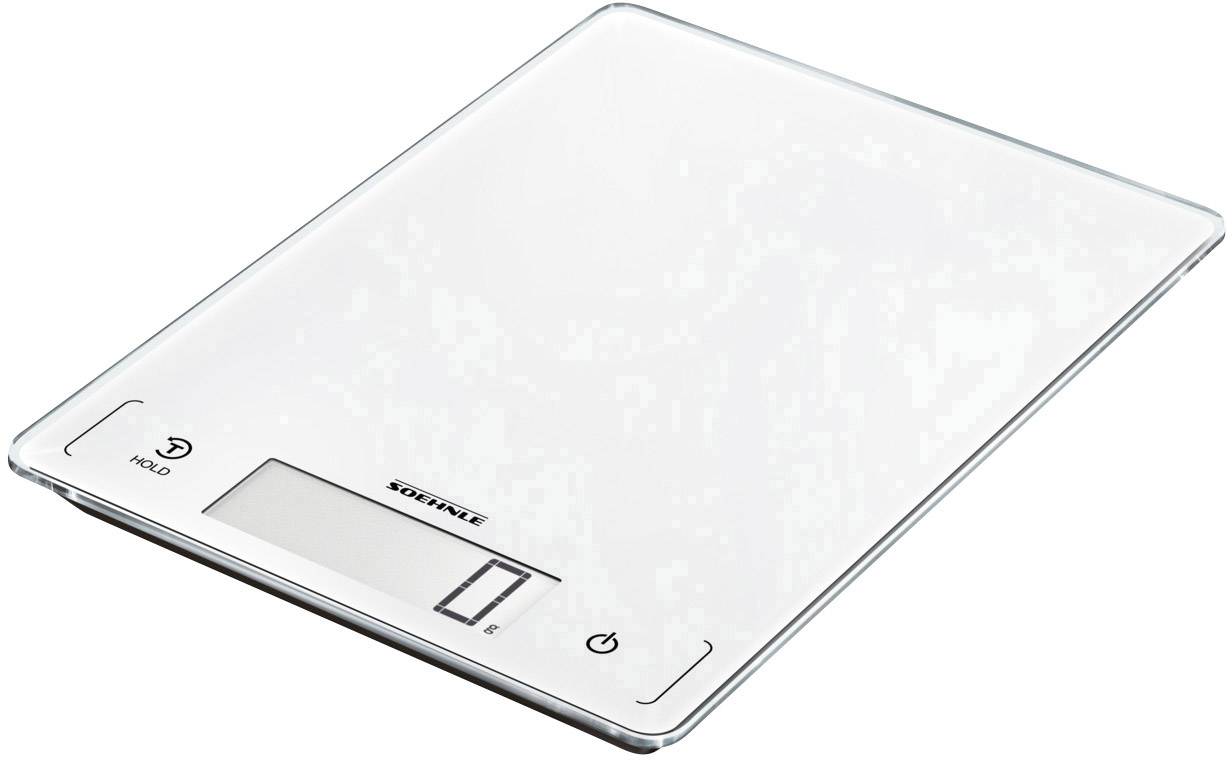 Une balance de cuisine numérique avec affichage LCD sur une surface en verre plate, indiquant le poids '0 g' et équipée d'une touche marche/arrêt.