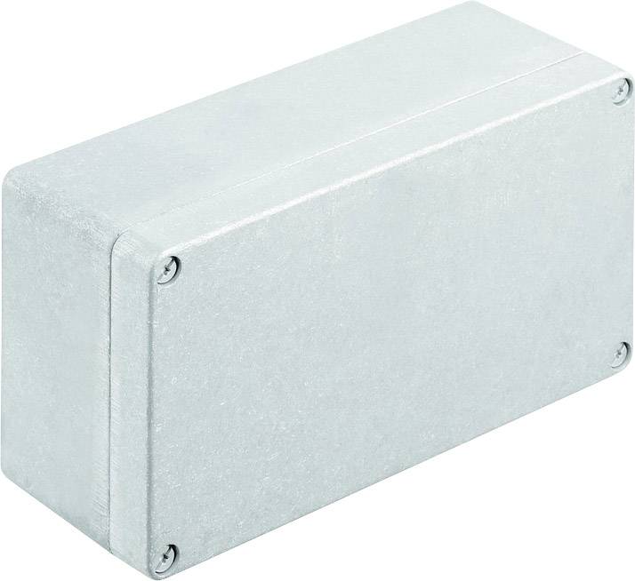 Boîtier métallique rectangulaire gris aux angles arrondis, fixé par des vis à chaque coin. Adapté pour les composants électroniques.