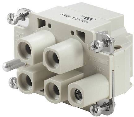 Un connecteur rectangulaire blanc pour appareils électriques avec quatre emplacements circulaires et des vis latérales pour la fixation.