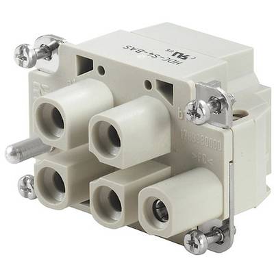 Un connecteur rectangulaire blanc pour appareils électriques avec quatre emplacements circulaires et des vis latérales pour la fixation.