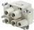Un connecteur rectangulaire blanc pour appareils électriques avec quatre emplacements circulaires et des vis latérales pour la fixation.