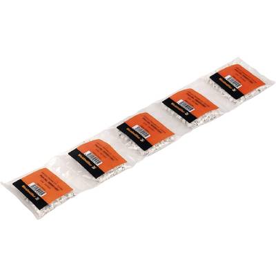 Cinq petits sachets scellés contenant des granulés blancs, alignés les uns à côté des autres. Chaque sachet porte une étiquette orange avec un code-barres.