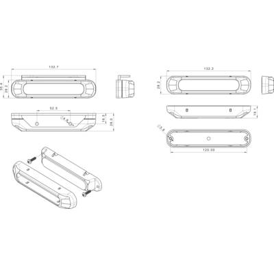 Dessin technique d'un dispositif rectangulaire avec des dimensions en millimètres. Présente les vues de face, de côté et de dessus.