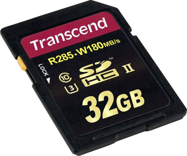 Une carte mémoire SDHC Transcend noire de 32 Go avec une vitesse de lecture de 285 Mo/s et une vitesse d'écriture de 180 Mo/s.