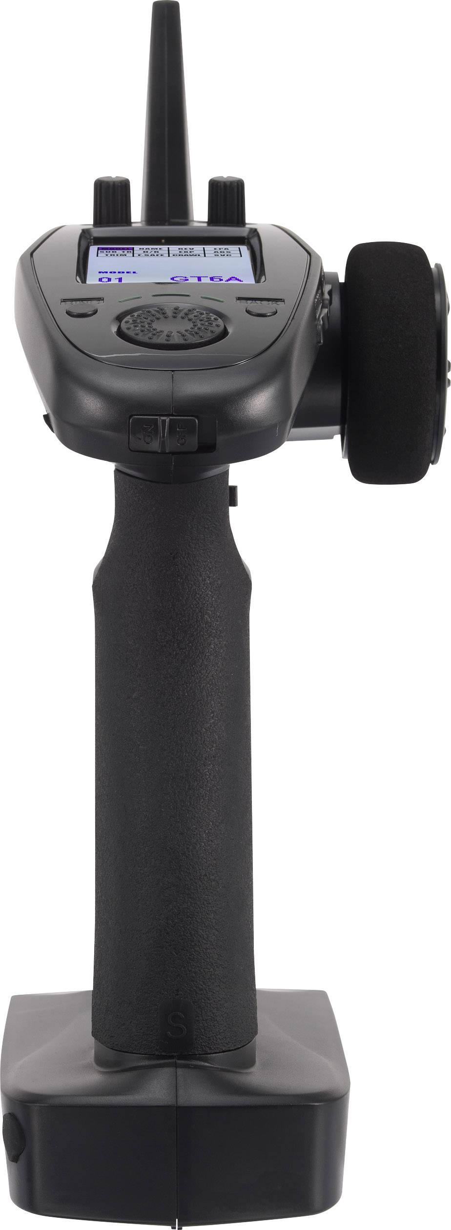 Un boîtier de télécommande RC noir et sans fil, équipé d'une antenne, d'un écran et de plusieurs boutons ; adapté pour les véhicules télécommandés.