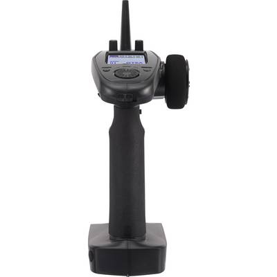 Un boîtier de télécommande RC noir et sans fil, équipé d'une antenne, d'un écran et de plusieurs boutons ; adapté pour les véhicules télécommandés.