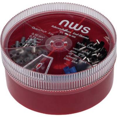 Boîte en plastique ronde contenant différentes cosses de câbles en bleu, rouge, gris et noir, de 0,25 à 4 mm², marquées 'nws'.
