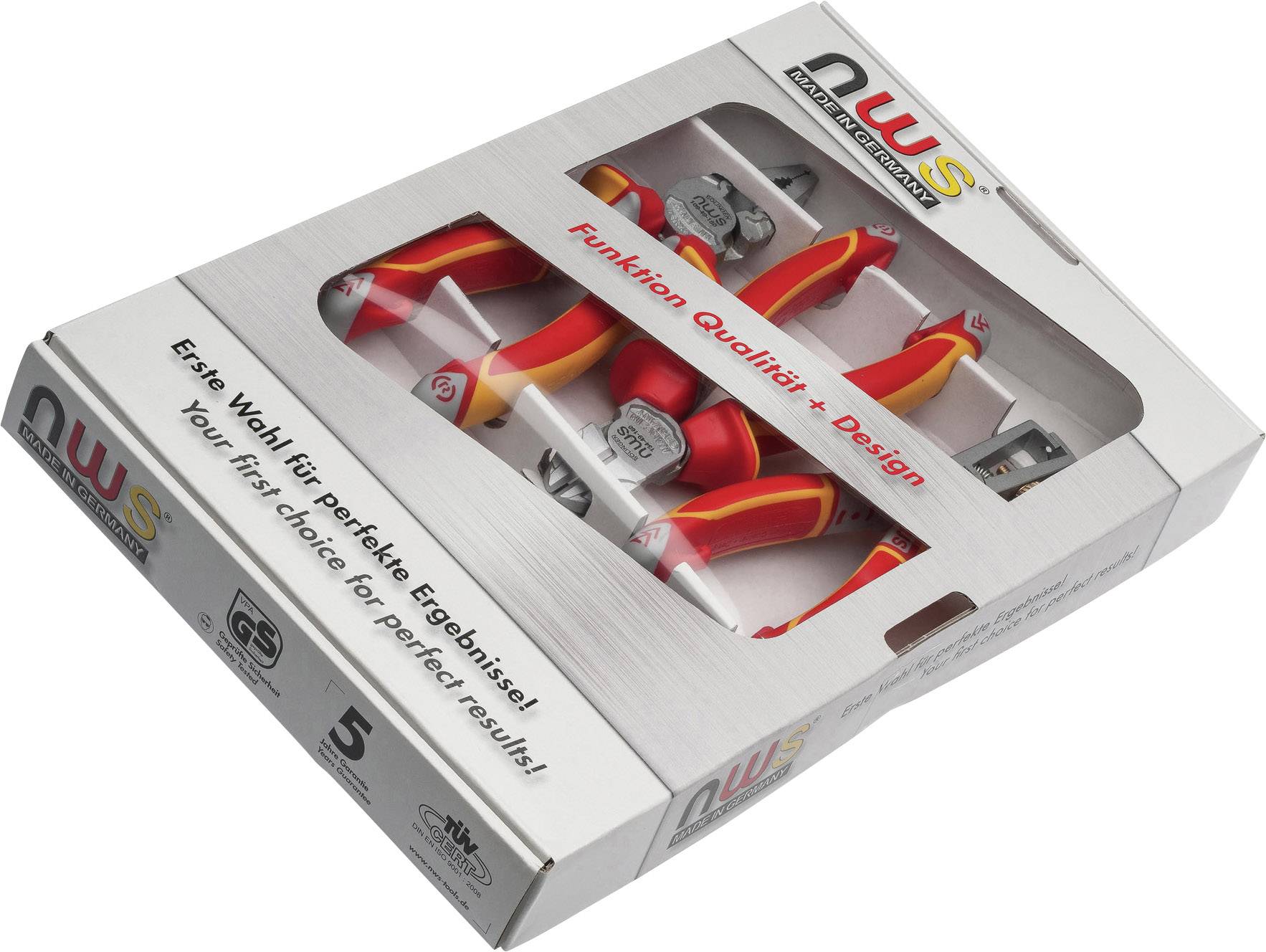Emballage contenant trois outils de haute qualité de NWS, mettant l'accent sur 'Fonction, Qualité, Design'. Couleurs principales : Rouge et Jaune.