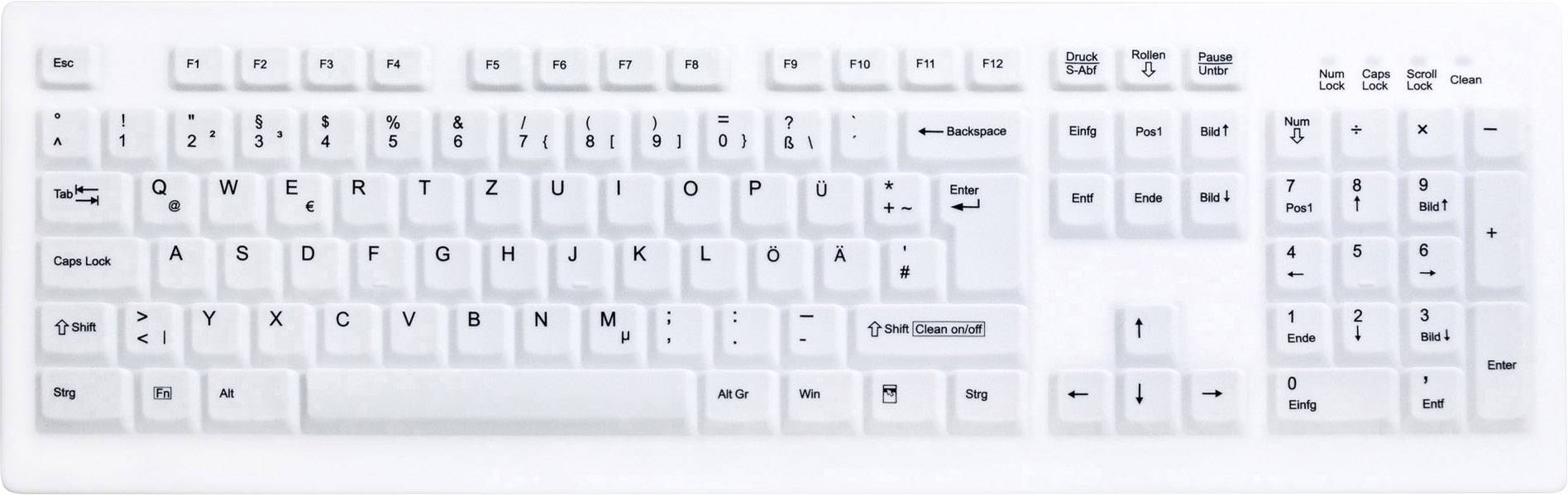 Clavier standard QWERTY blanc avec pavé numérique et rangée de touches de fonction. Idéal pour les saisies sur PC et le traitement de texte.