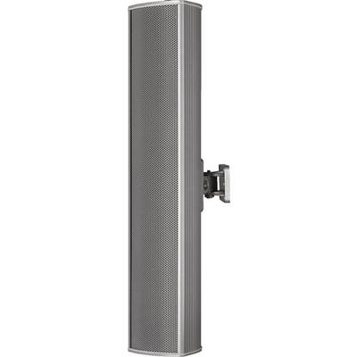 Enceinte verticale dans un boîtier argenté avec façade perforée, montée sur un support. Idéale pour les installations étroites.