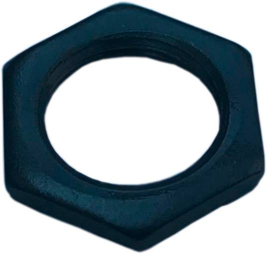 Écrou hexagonal en métal, peint en noir, sur un fond clair.