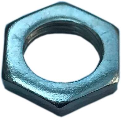 Écrou hexagonal en métal, brillant, utilisé pour fixer des vis dans des assemblages mécaniques.