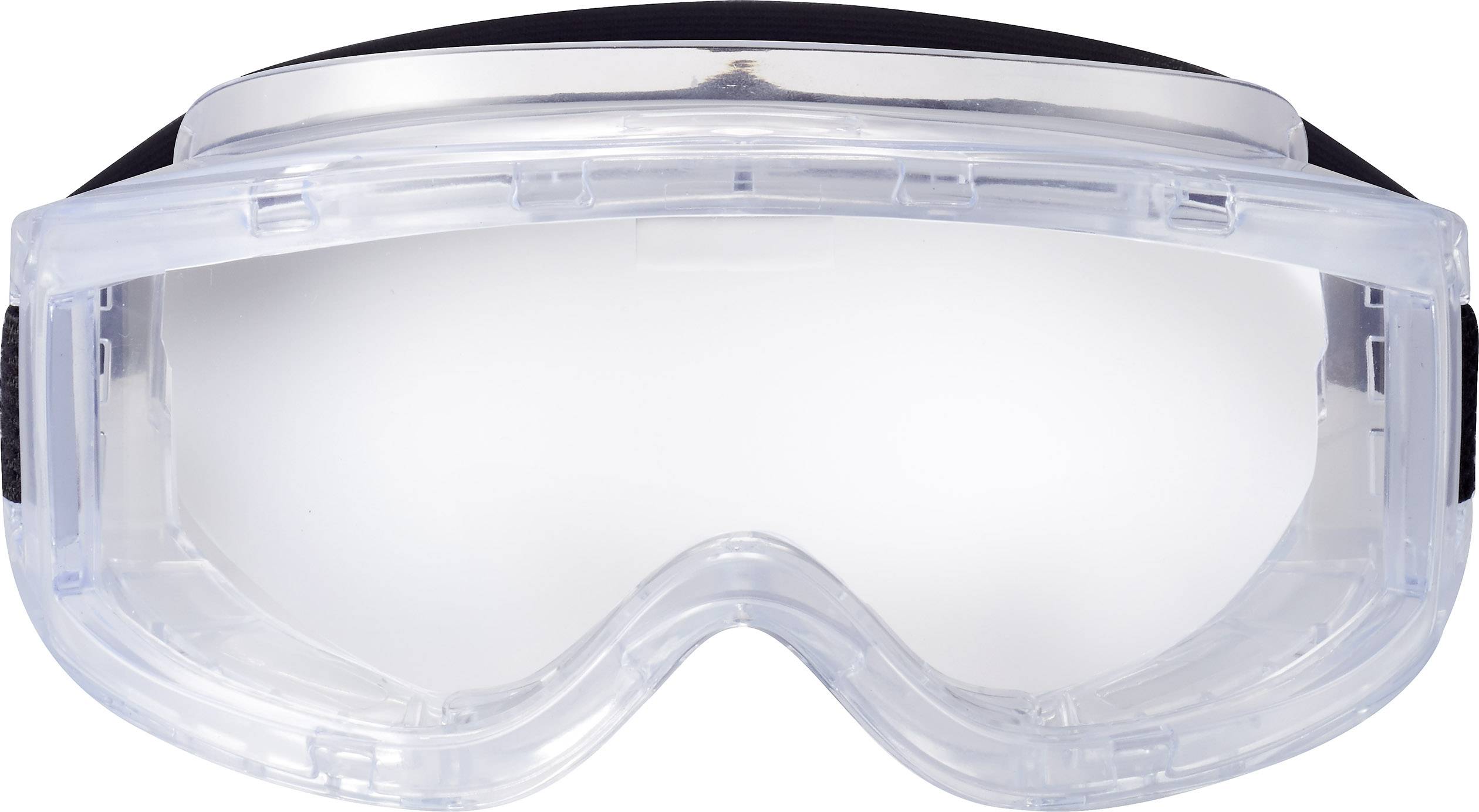 Lunettes de protection en plastique transparent, avec bandeau noir pour se fixer sur la tête.