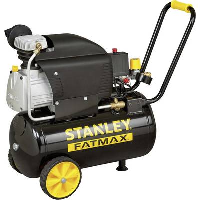 Compresseur d'air portable avec réservoir noir, roues jaunes et poignée ; 'STANLEY FATMAX' inscrit sur le réservoir ; adapté pour l'utilisation d'outils.