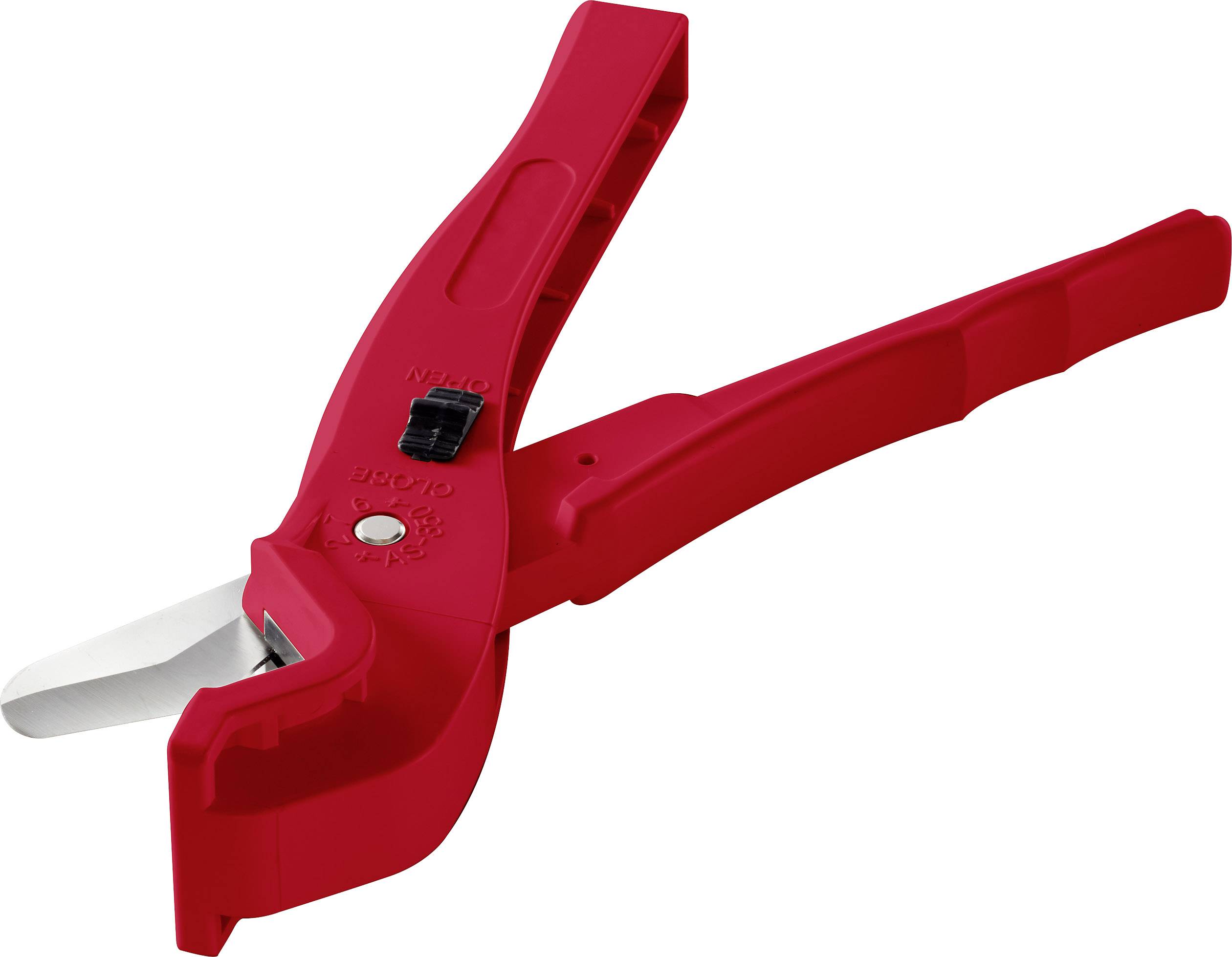 Ciseaux rouges coupe-tuyaux en PVC avec poignée en plastique et lame en métal, destinés à la coupe de tuyaux lors de travaux d'installation.