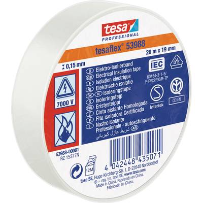 Ruban isolant électrique tesa, modèle 53988, dimensions 20 x 19 mm, épaisseur 0,15 mm, avec marquage CE et IEC, résistant aux flammes.
