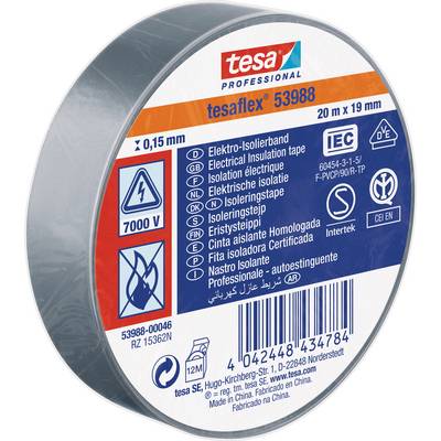 Un rouleau de ruban isolant gris Tesa, longueur 20 m, largeur 19 mm, adapté pour l'isolation électrique.