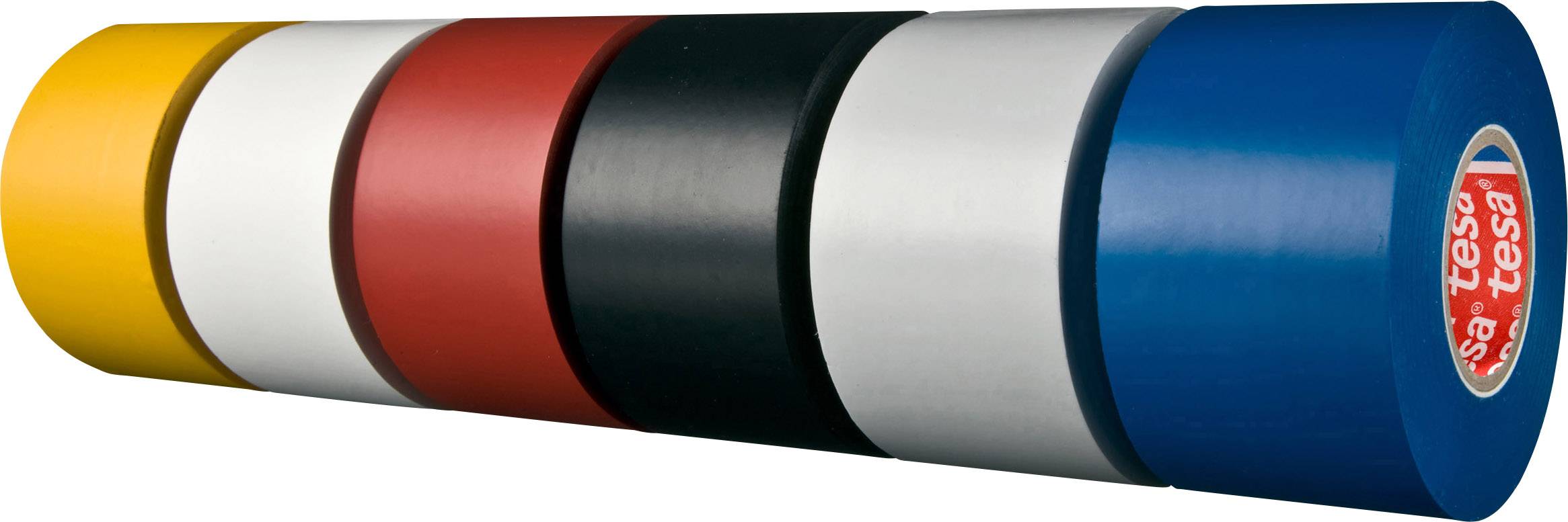 Six rouleaux de ruban isolant dans les couleurs jaune, blanc, rouge, noir, gris et bleu sont disposés horizontalement côte à côte.