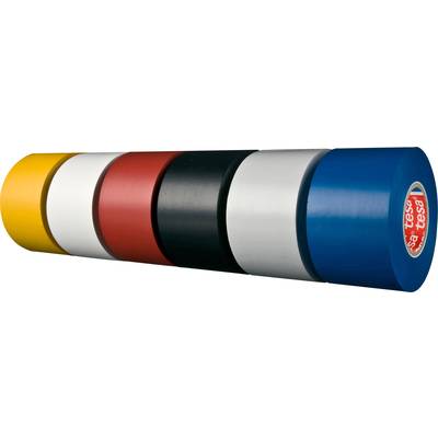 Six rouleaux de ruban isolant dans les couleurs jaune, blanc, rouge, noir, gris et bleu sont disposés horizontalement côte à côte.