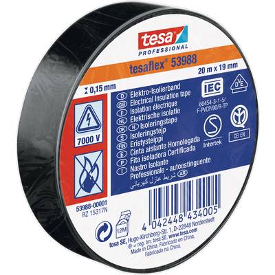 Rouleau de ruban isolant électrique noir, marque 'tesaflex', 20m x 19mm, avec symboles de certification et avertissements sur l'emballage.