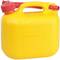 Bidon d'essence jaune avec bouchon rouge et poignée de transport. Volume maximal de 5 litres.