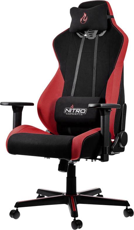Chaise de gaming avec rembourrage noir et rouge, accoudoirs réglables en hauteur et dossier ergonomique.