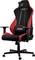 Chaise de gaming avec rembourrage noir et rouge, accoudoirs réglables en hauteur et dossier ergonomique.