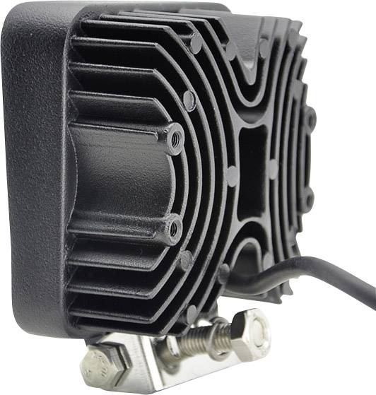 Un boîtier rectangulaire noir avec des nervures sur l'arrière, relié par des câbles, fixé au moyen d'un support métallique et d'une vis.