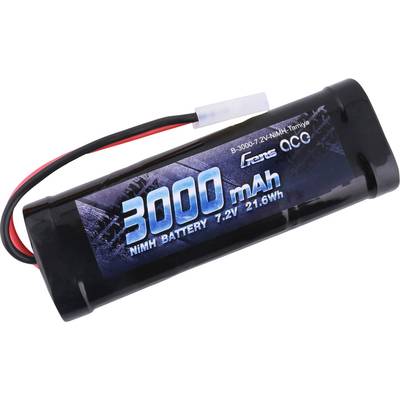 Une batterie rechargeable portant l'inscription « 3000 mAh 7,2V BATTERIE NIMH ». Boîtier noir avec câbles rouges et noirs.