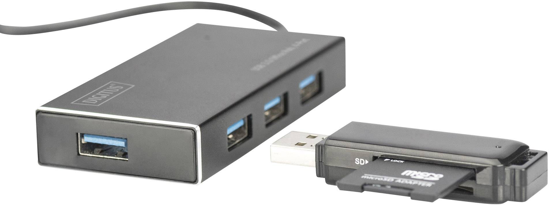 Un hub USB noir à quatre ports, à côté d'un adaptateur USB pour carte SD.