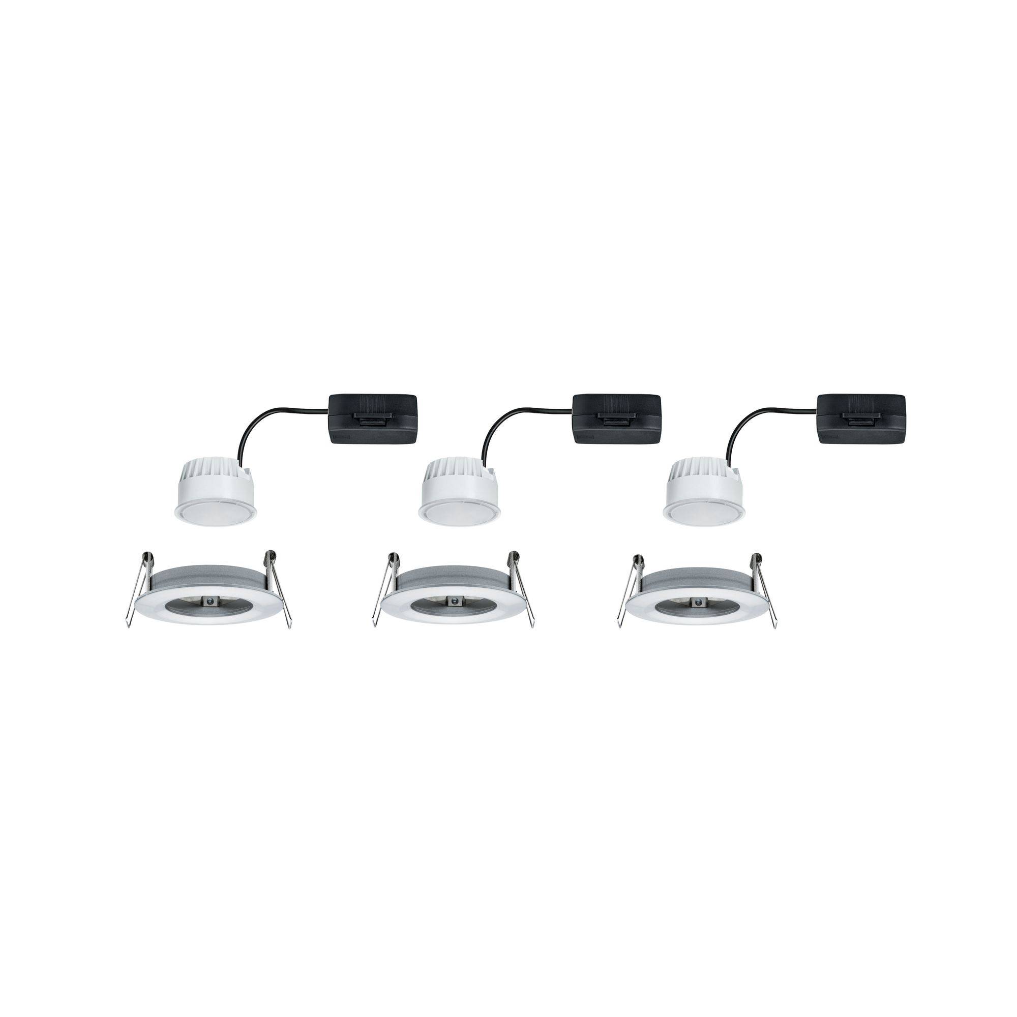 Trois luminaires encastrés blancs et ronds avec câble noir et boîte de connexion, adaptés aux installations plafonnières. Accessoires d'éclairage.