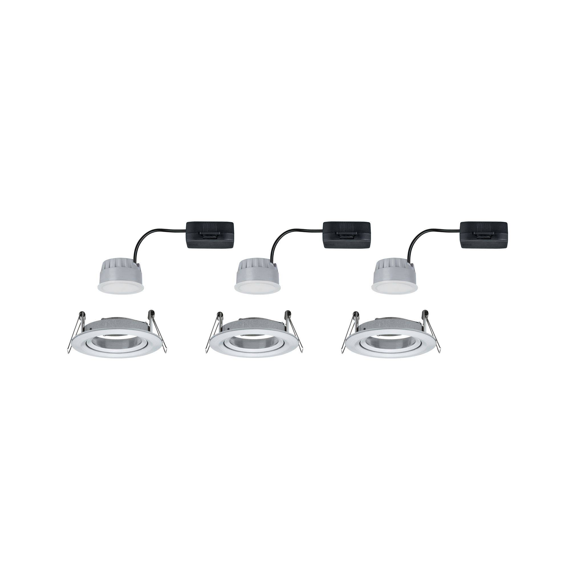 Ensemble de trois spots LED encastrables avec cadres ronds argentés, chaque lampe équipée d'un connecteur noir et de supports triangulaires.