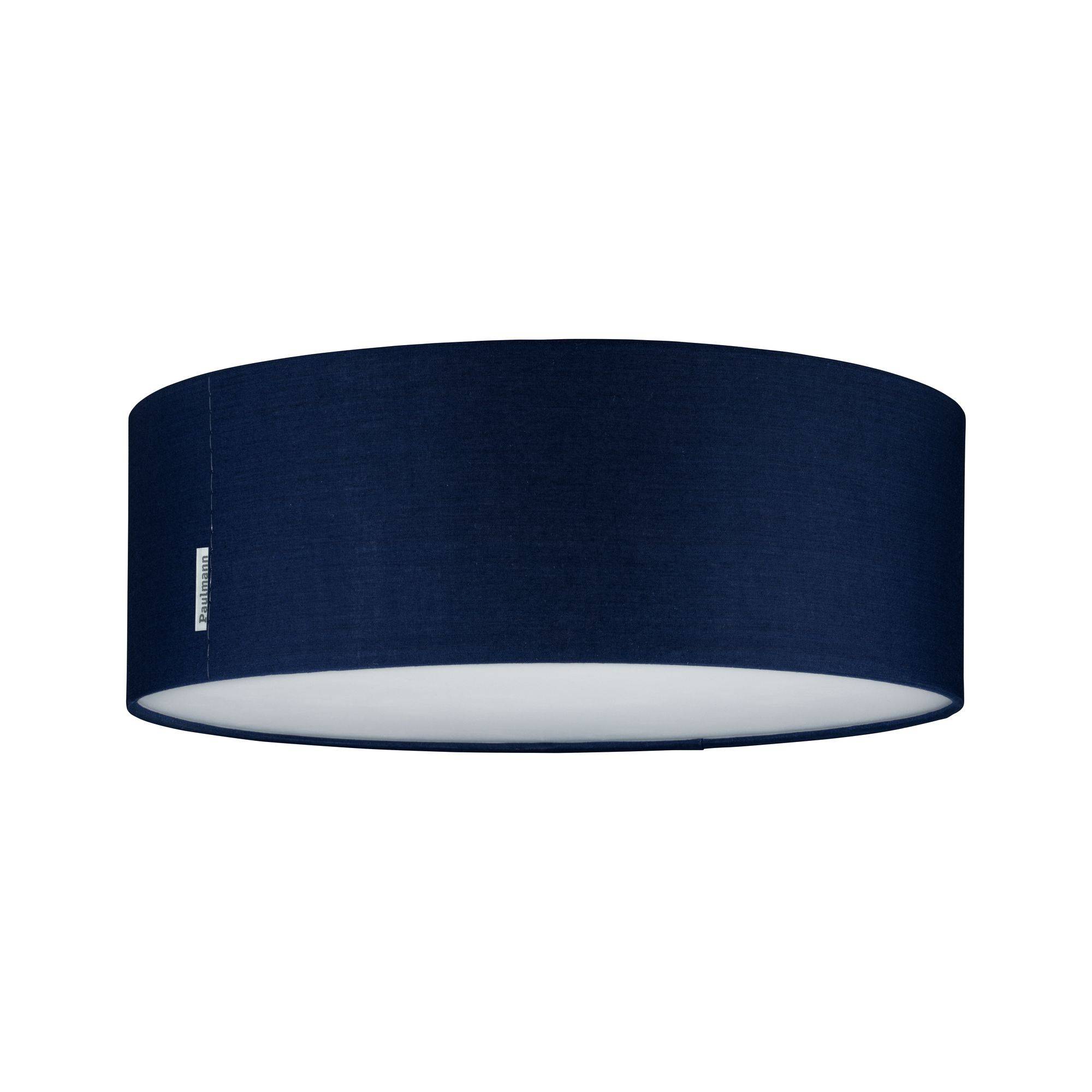Un luminaire plafonnier rond et épuré avec un abat-jour en tissu bleu marine et un diffuseur blanc, idéal pour un intérieur moderne.