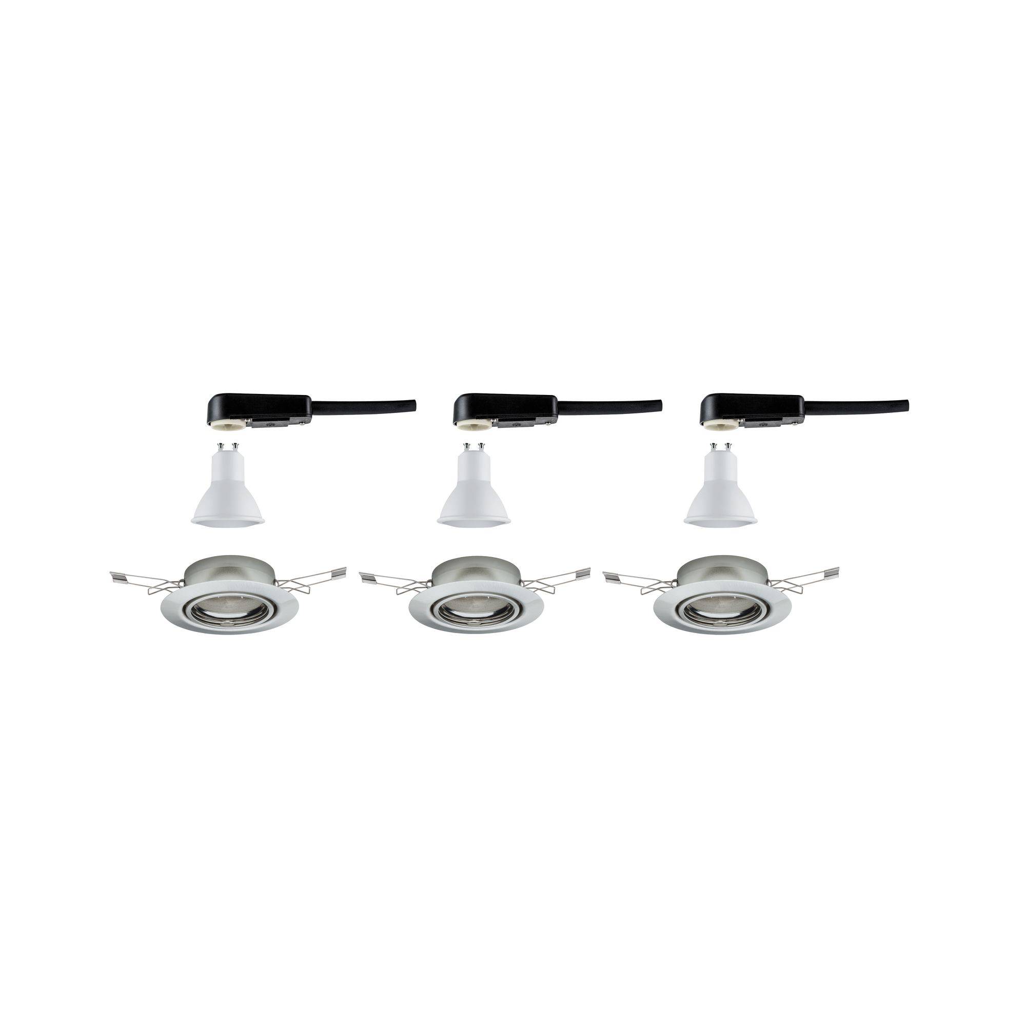Trois spots encastrables blancs avec un câblage noir, disposés côte à côte, pour l'éclairage.
