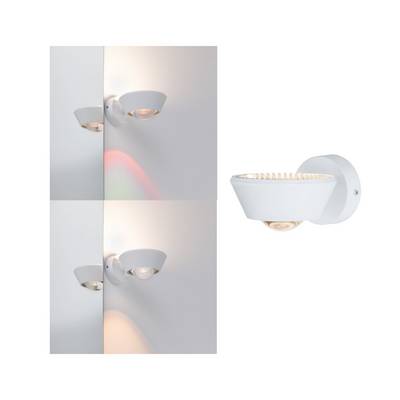Deux appliques murales sur un mur blanc, projetant de la lumière vers le haut et vers le bas. Une vue rectangulaire montre les détails de l'applique.