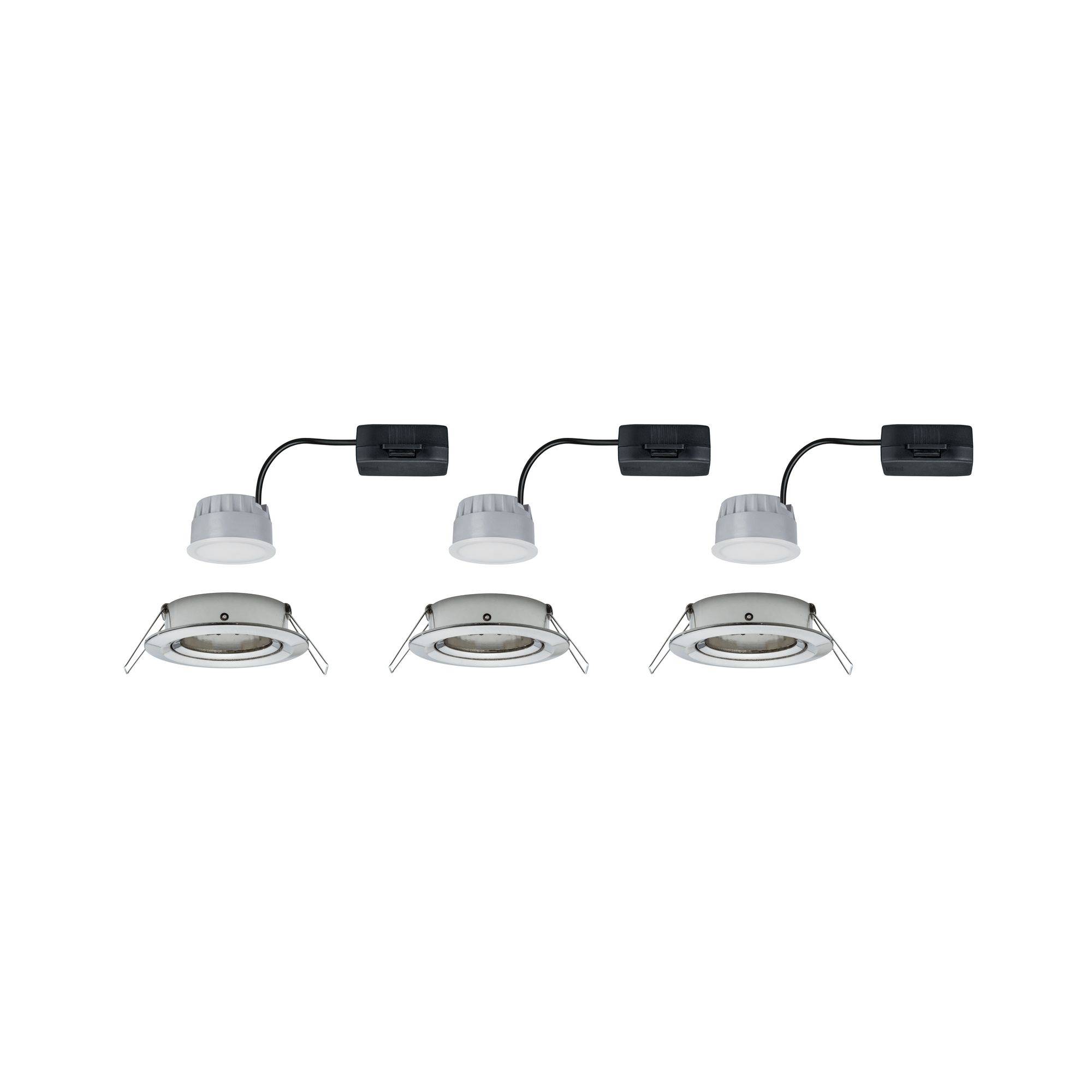 Trois spots encastrés blancs alignés avec des câbles de raccordement noirs. Adaptés à l'éclairage intérieur moderne.