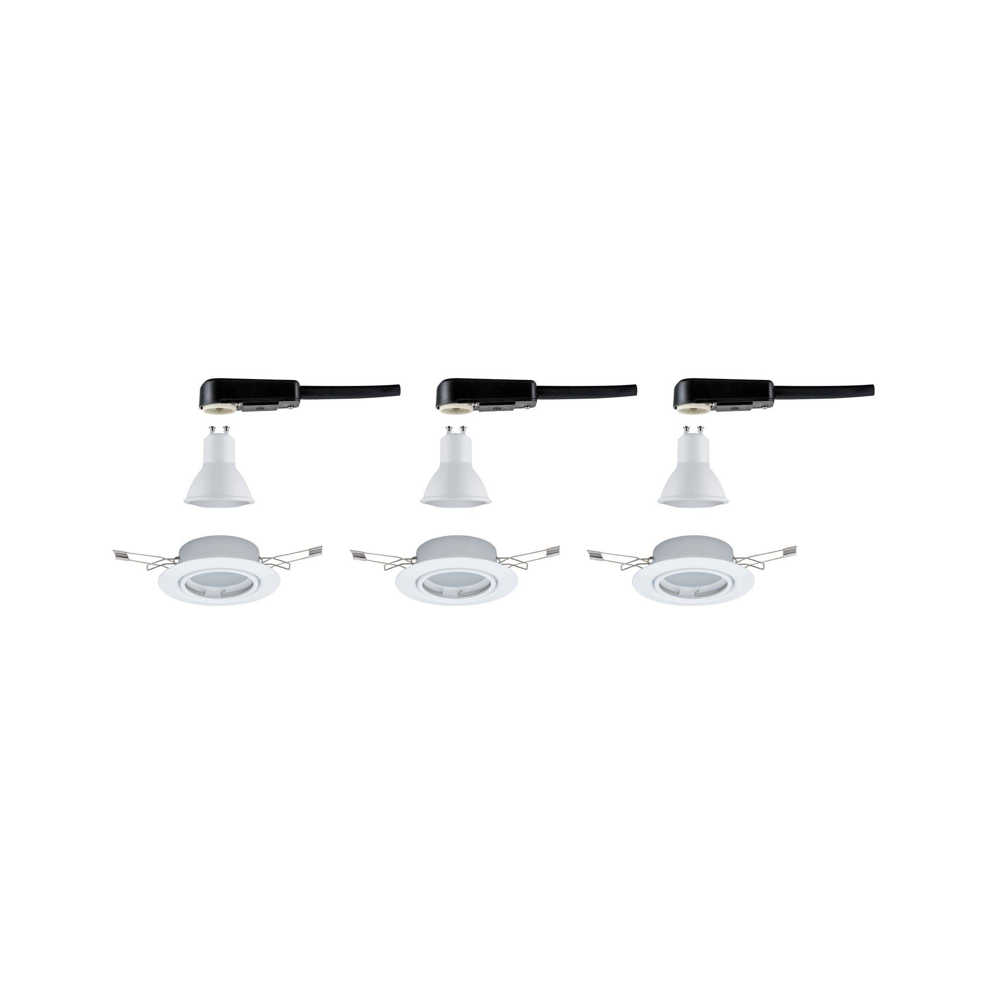Trois spots encastrables blancs avec des lampes LED, disposés côte à côte. Chaque luminaire est équipé d'un câble de connexion noir. Idéal pour les espaces intérieurs.