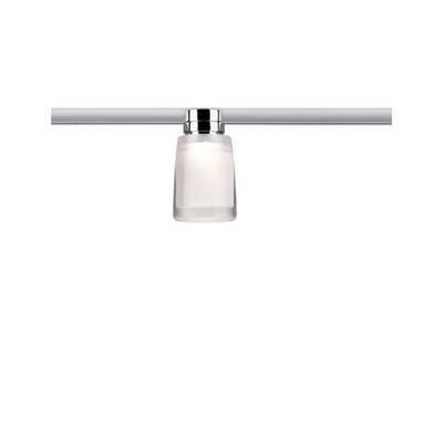 Projecteur individuel avec un abat-jour cylindrique en verre mat, monté sur une barre métallique, allumé.