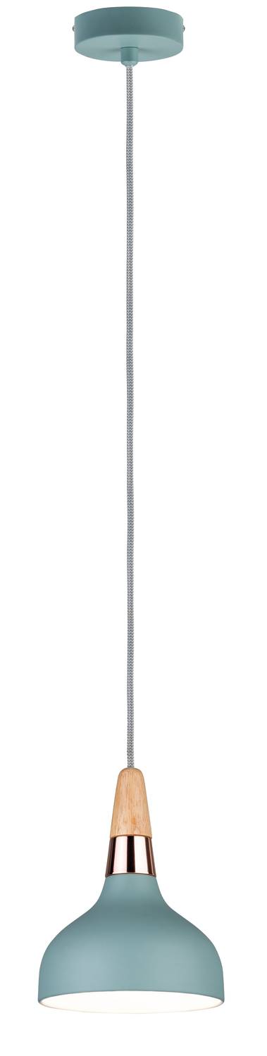 Une suspension pendante avec un abat-jour bleu et des éléments en bois, fixée à un long câble.