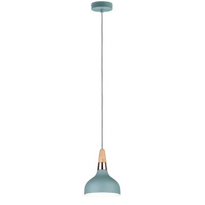 Une suspension pendante avec un abat-jour bleu et des éléments en bois, fixée à un long câble.