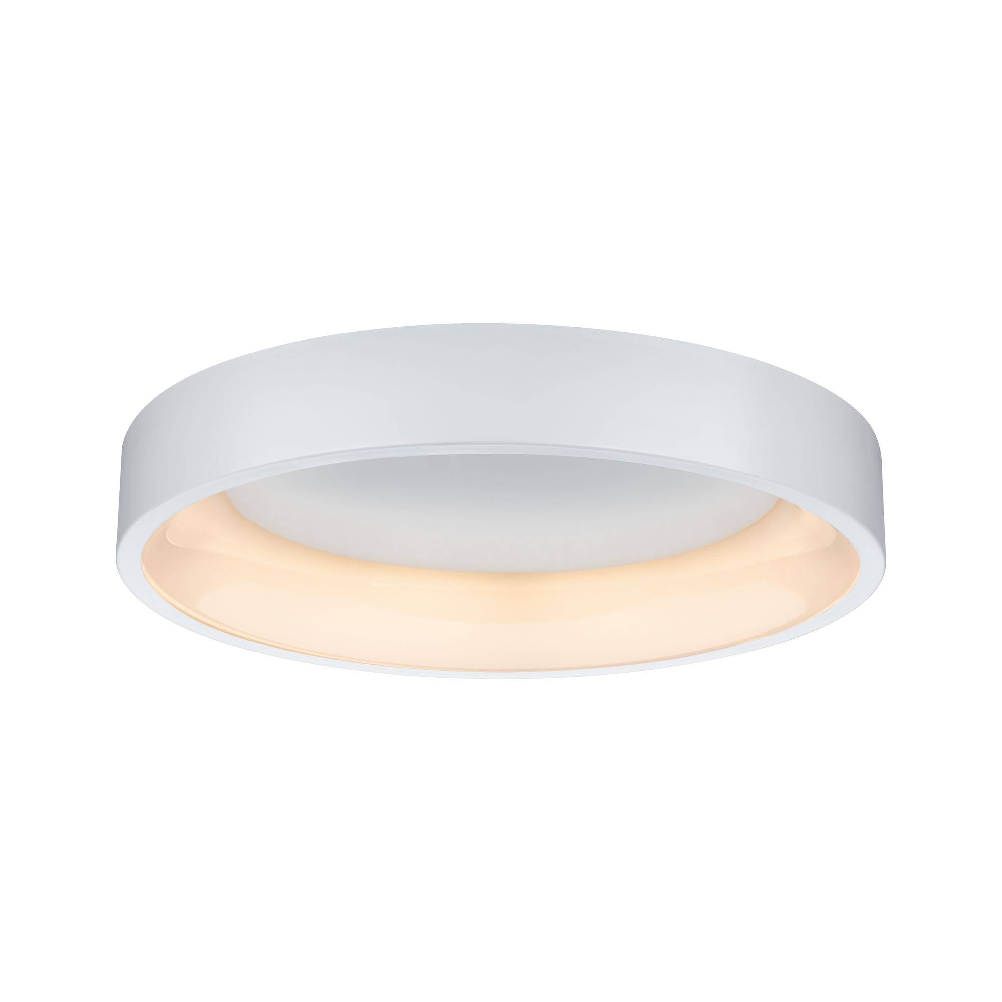 Luminaire de plafond blanc, rond, avec une lumière chaleureuse.