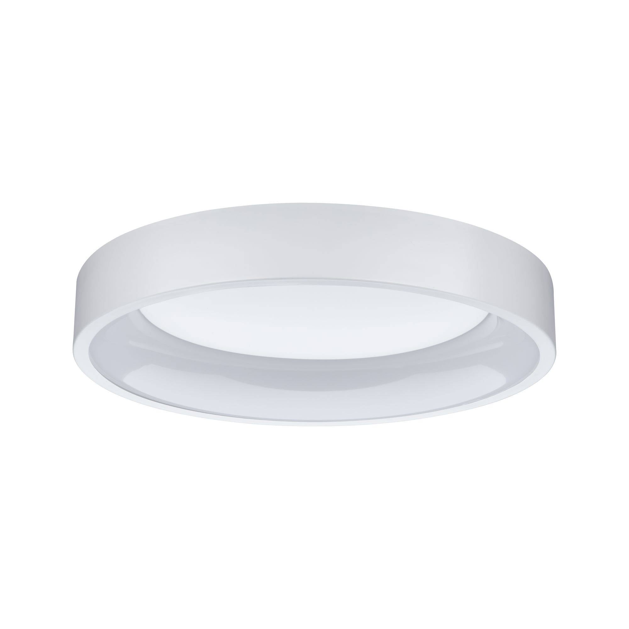 Un luminaire plafonnier LED rond, blanc, au design épuré et au profil plat, adapté aux espaces intérieurs modernes.