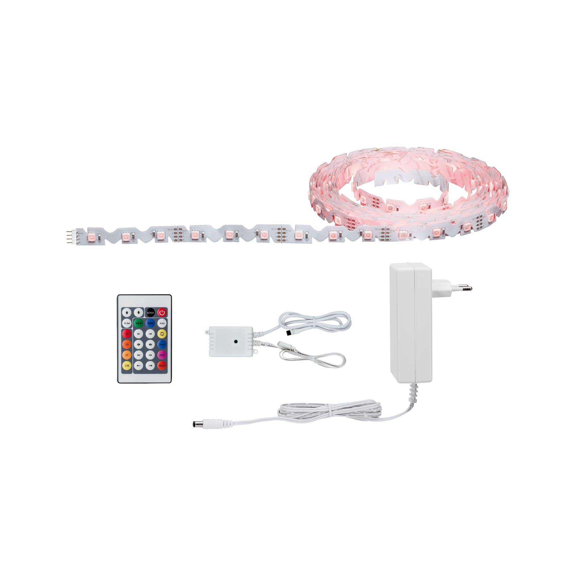 Bande lumineuse LED avec télécommande et adaptateur. La bande est éclairée en rose. Les accessoires comprennent un câble et une unité de contrôle.