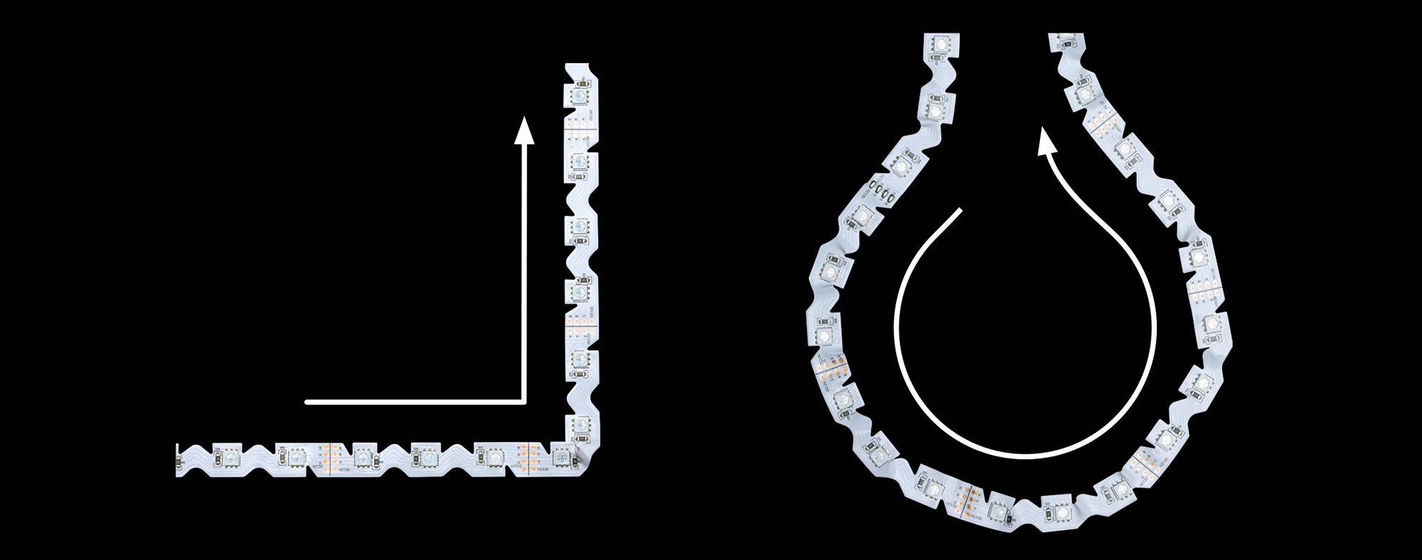 Deux diagrammes sur un fond noir : à gauche, en forme de L avec une flèche vers le haut, à droite, en forme de poire avec une flèche du bas vers le haut.