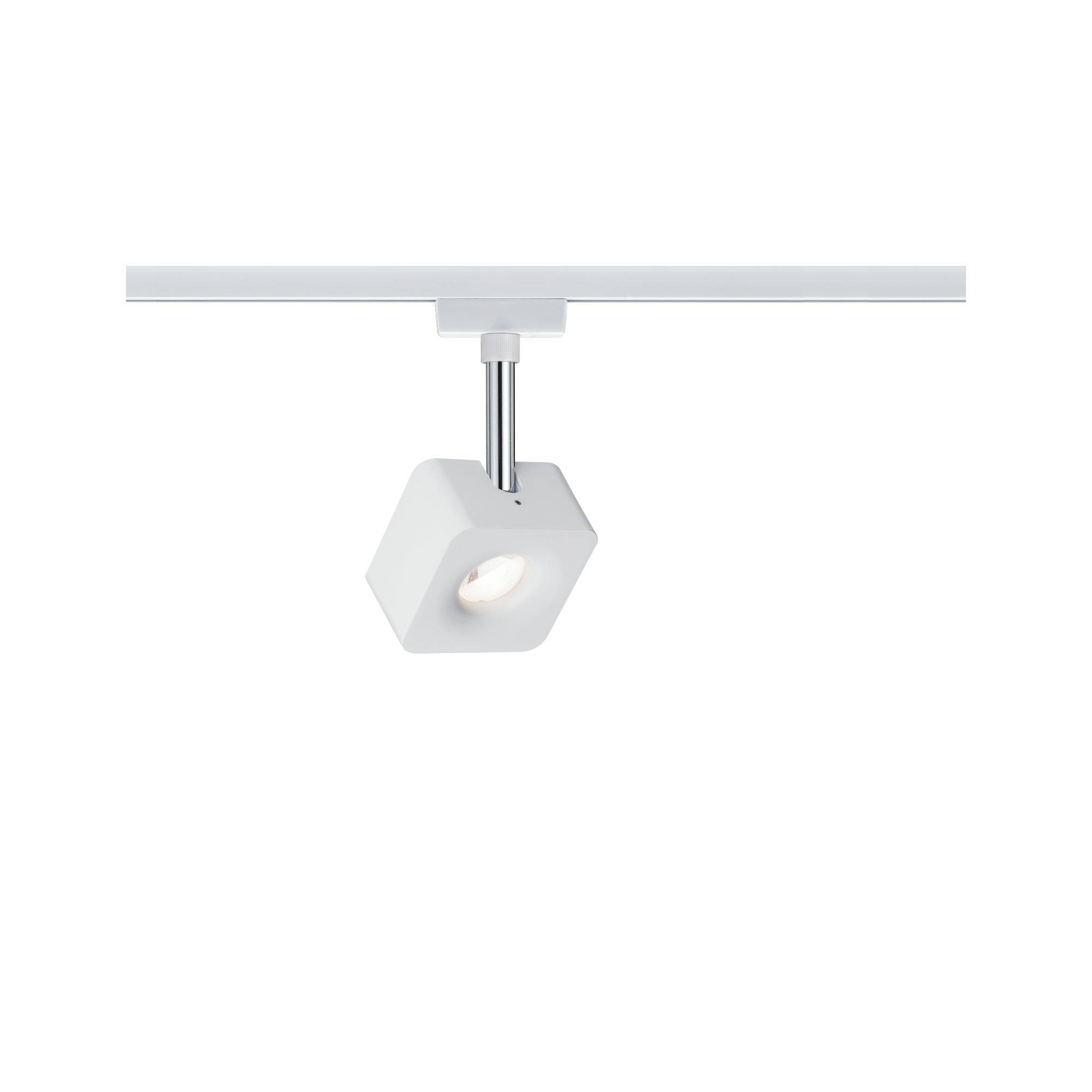 Plafonnier carré blanc avec projecteur réglable, monté sur une fine rail, adapté aux espaces intérieurs modernes.